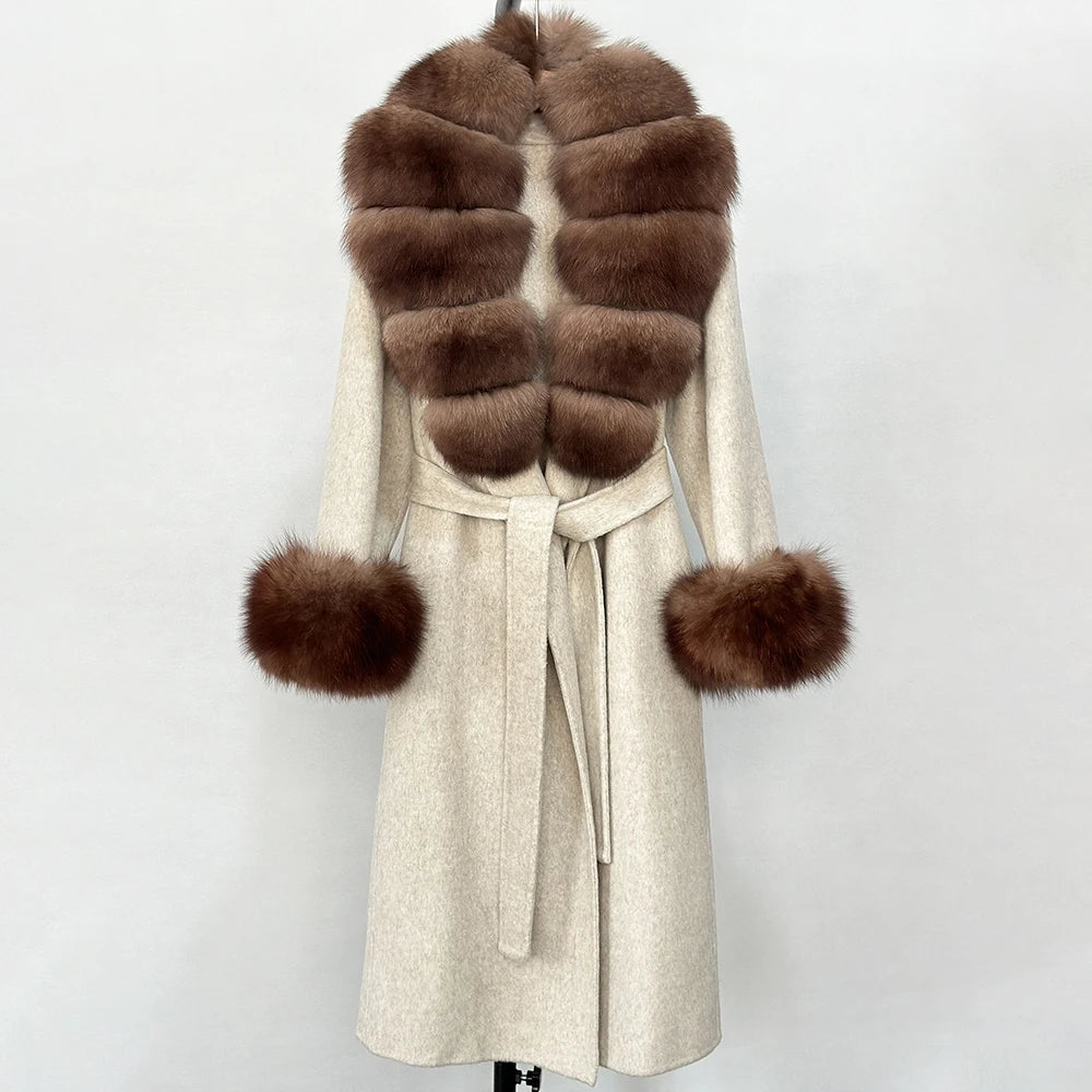 OFTBUY Fashion Warm Woolen Jacket with Real Fox Fur Collar and Cuffs New Autumn Winter Wool Clothing Women Long Belt Outerwear