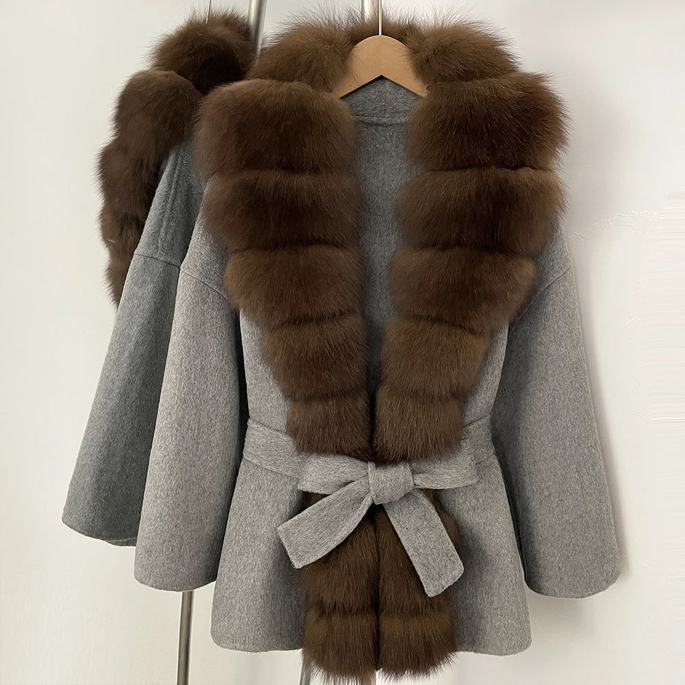 OFTBUY New Autumn Winter Clothes Women Big Natural Fox Fur Pinnacle 100% Wool Coat Female Belt Real Fur Collar Woolen Jacket