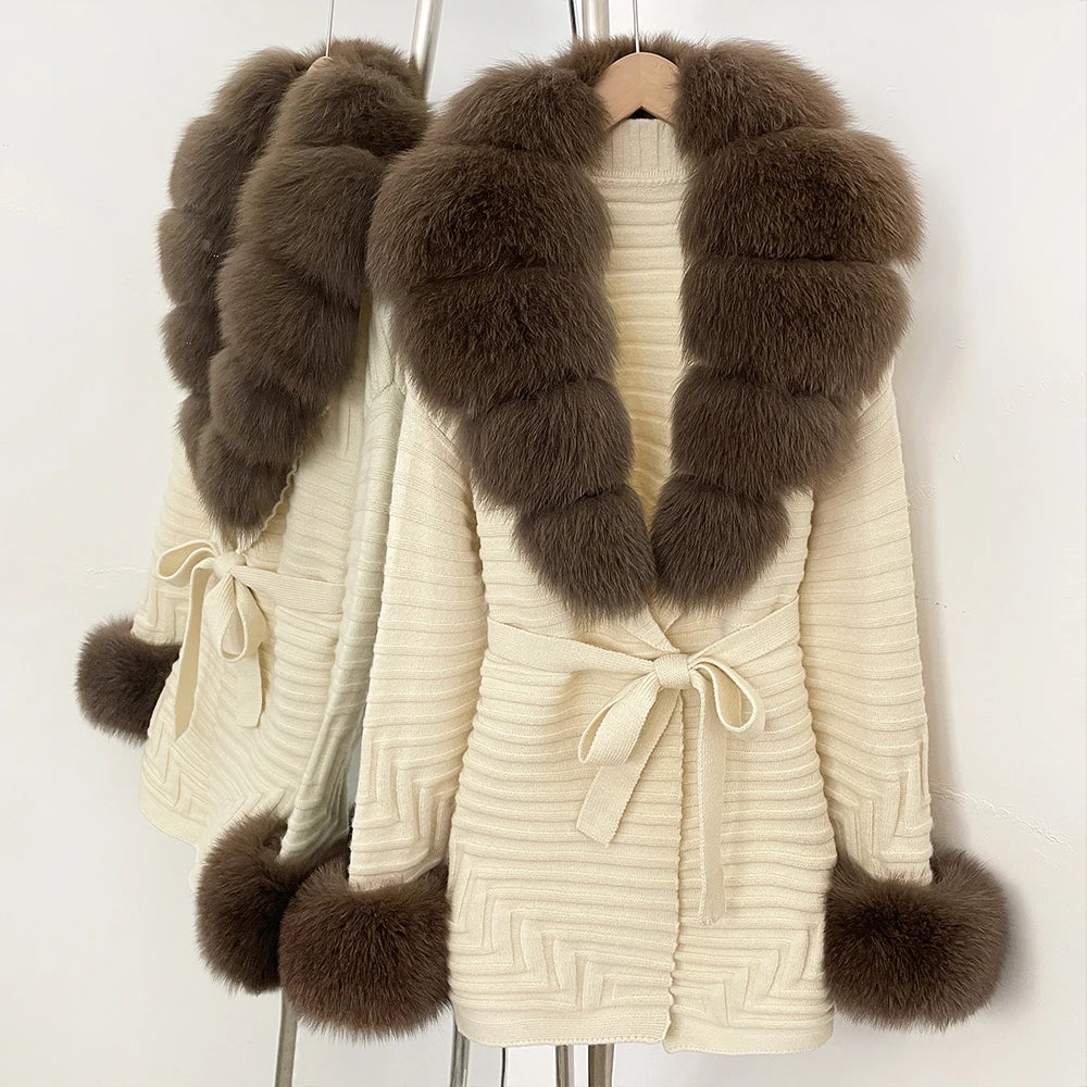 OFTBUY Belted Waist Striped Texture Pockets New Women's Knit Coat with Large Real Fox Fur Collar Winter Luxury Elegant Outerwear