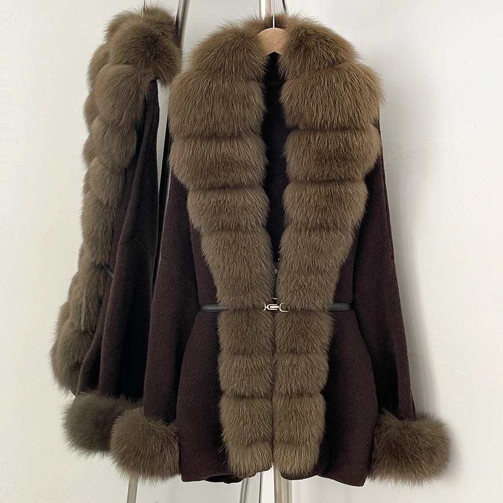 OFTBUY Belt Textured Knit Warm Winter Luxury Outerwear Female Sweater Cardigan New Women's Knit Coat with Large Real Fox Fur