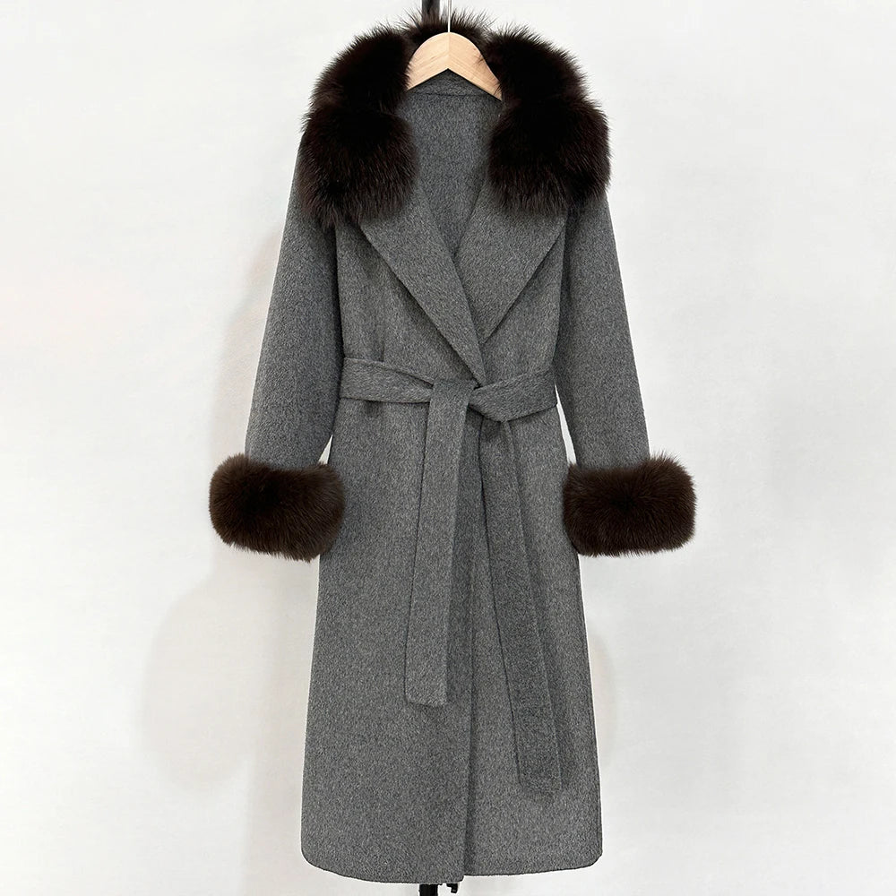 OFTBUY Belted Warm Winter Elegant Fashion Outerwear New Women's Double-Faced Wool Coat with Real Fox Fur Collar and Cuffs