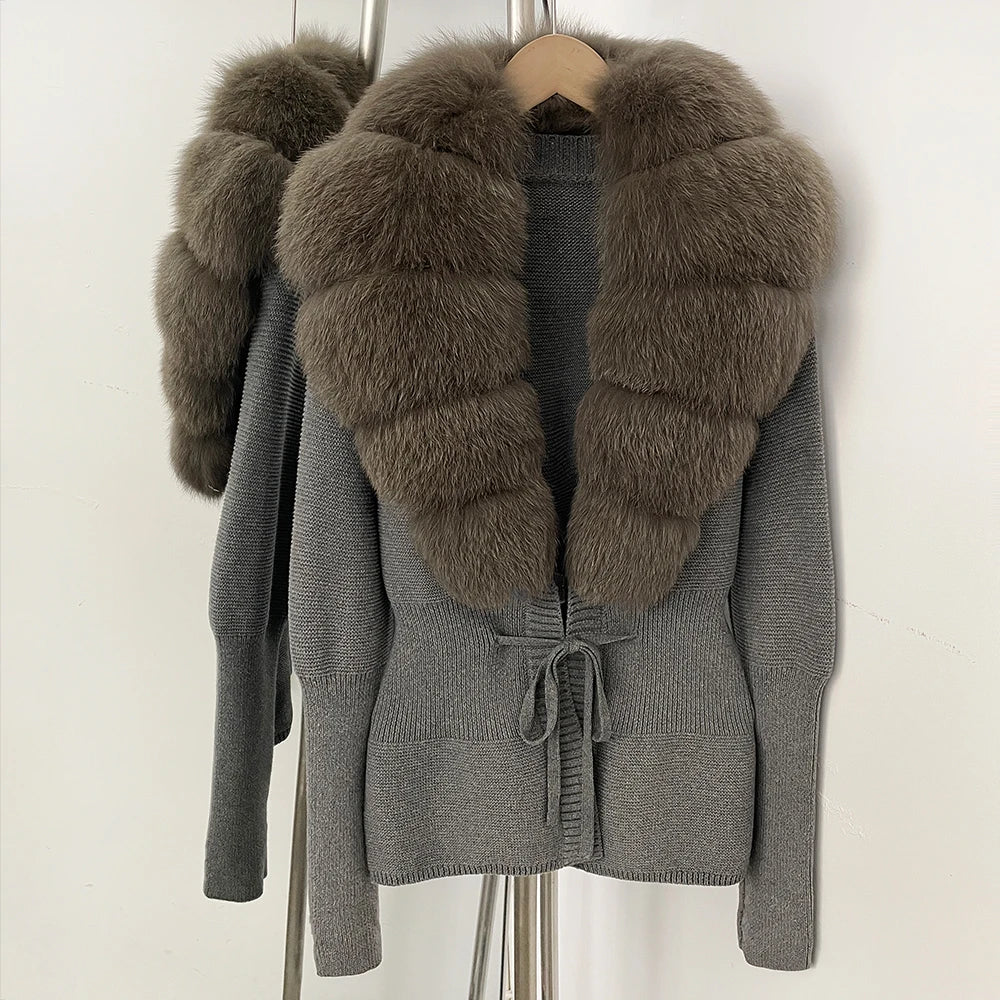 OFTBUY Luxury 100% Cotton Jacket with Real Fox Fur Collar New Autumn Winter Knit Cardigan Women Slim Warm Sweater Outerwear Lady