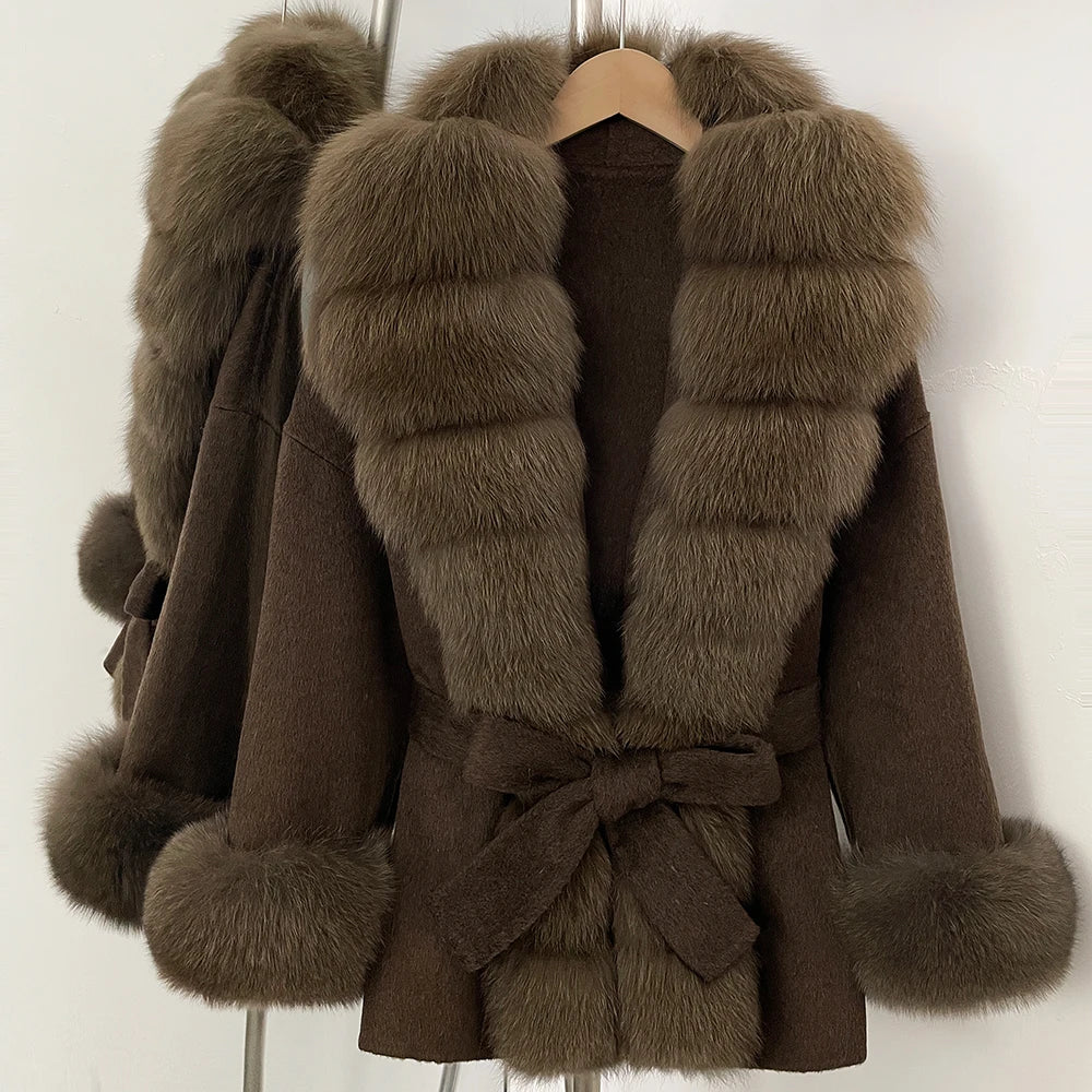 OFTBUY Big Natural Fox Fur Pinnacle 100% Wool Coat Female New Autumn Winter Clothes Women Belt Natural Fur Collar Woolen Jacket