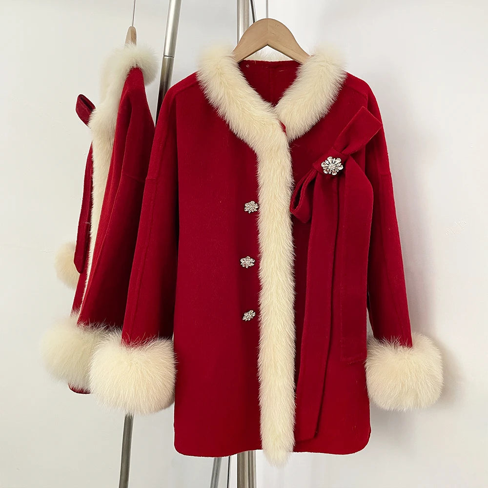 OFTBUY Trim Bow Detail Decorative Buttons Winter Elegant Woolen Outerwear New Women's Double Face Wool Coat with Real Fox Fur