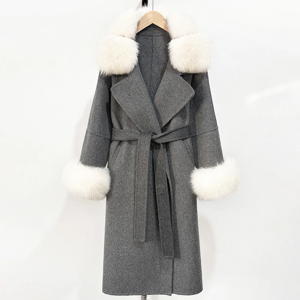 OFTBUY Belted Long Warm Winter Elegant Fashion Outerwear New Women's Double-Faced Wool Coat with Real Fox Fur Collar and Cuffs