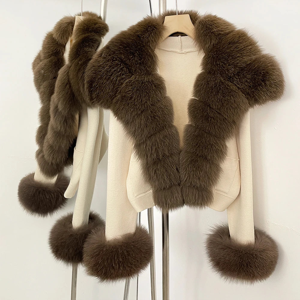 OFTBUY New Autumn Winter Knit Clothing Female Women's Short Cardigan with Big Real Fox Fur Collar Natural Fur Warm Sweater Lady