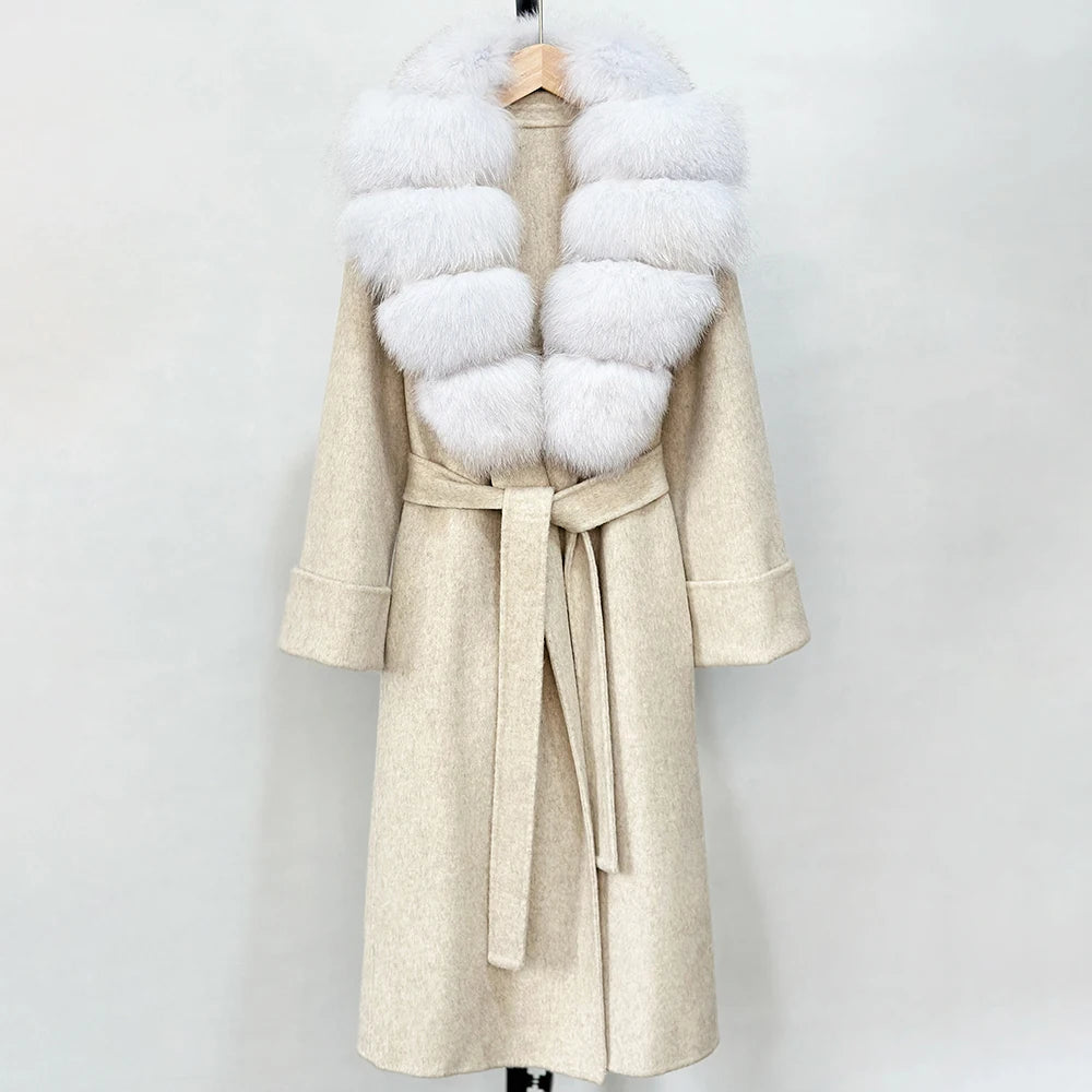 OFTBUY Long Belt 100% Wool Coat with Real Fox Fur Collar Warm Natural Fur Woolen Jacket Female New Autumn Winter Clothing Women