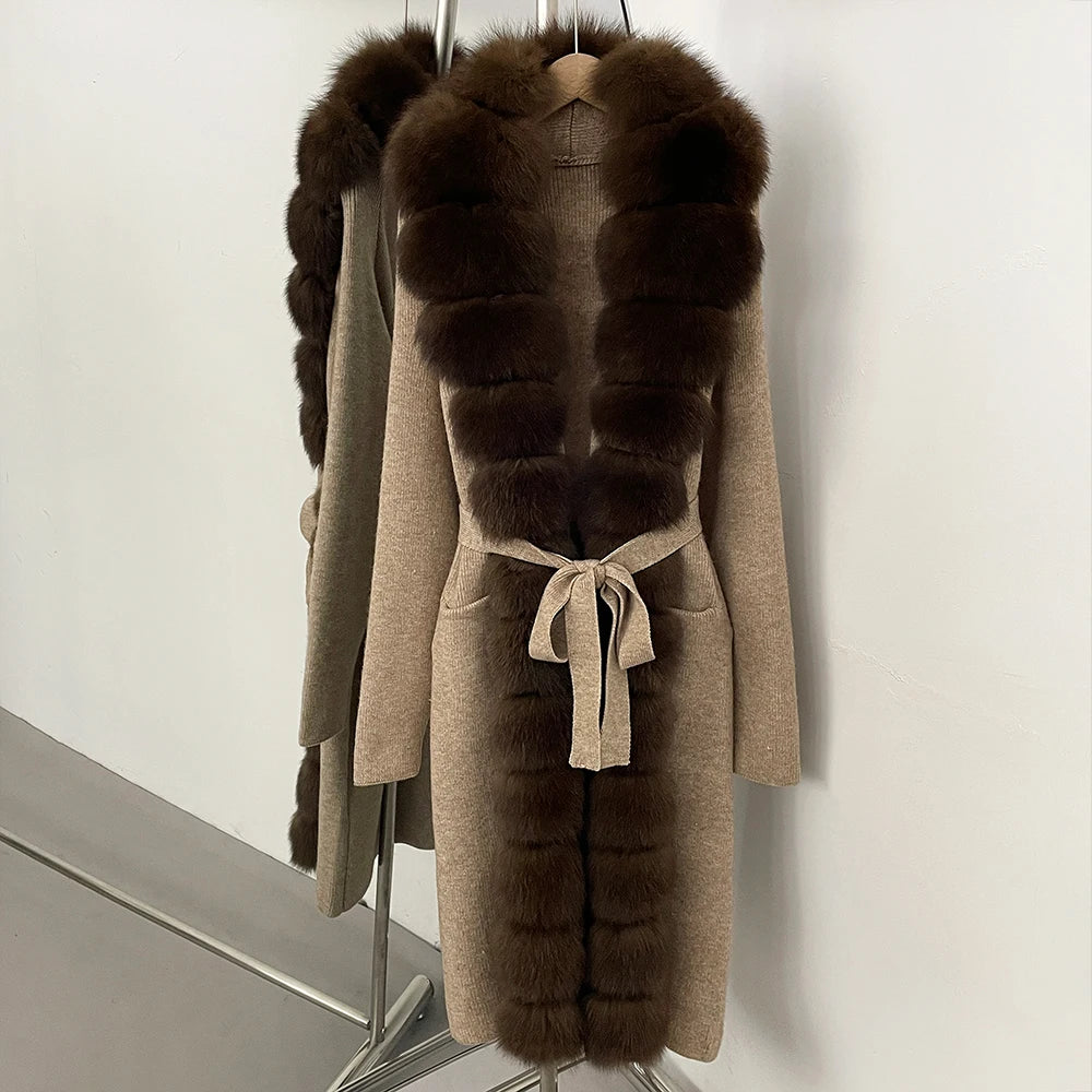 OFTBUY New Women's Knit Long Coat with Full Real Fox Fur  Belted Pockets Warm Winter Elegant Fashion Outerwear Cardigan Sweater