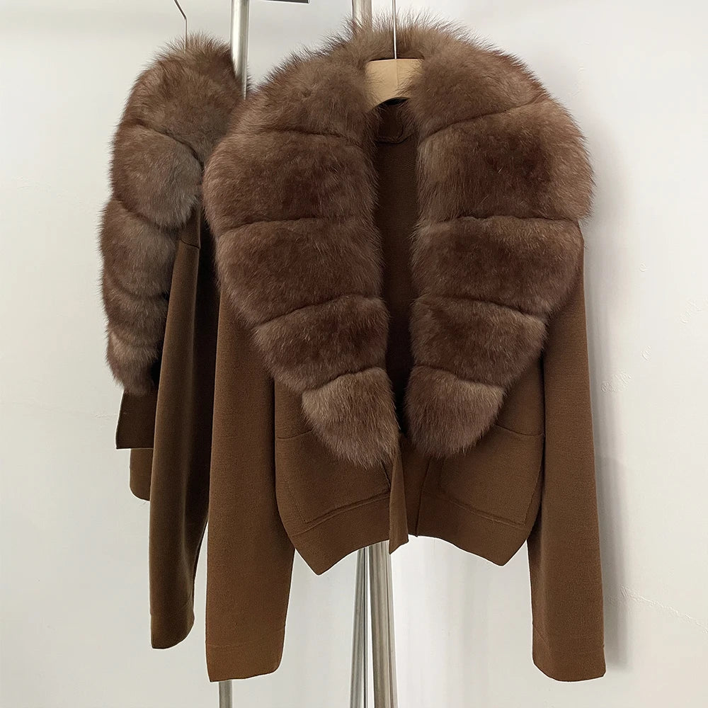 OFTBUY New Women's Knit Cardigan with Large Real Fox Fur Collar Loose Fit Warm Winter Fashion Lady Outerwear Sweater Female