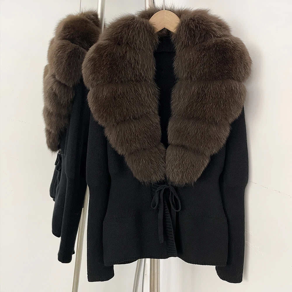 OFTBUY Luxury 100% Cotton Jacket with Real Fox Fur Collar New Autumn Winter Knit Cardigan Women Slim Warm Sweater Outerwear Lady
