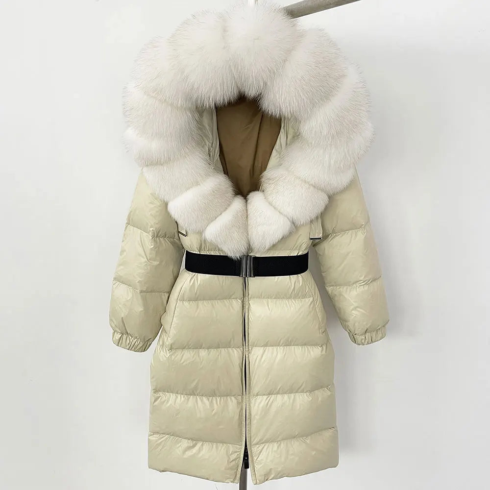 OFTBUY New Natural Thick Warm Duck Down Coat Female Long Winter Jacket Women Real Big Fox Fur Collar Belt Loose Puffer Parka