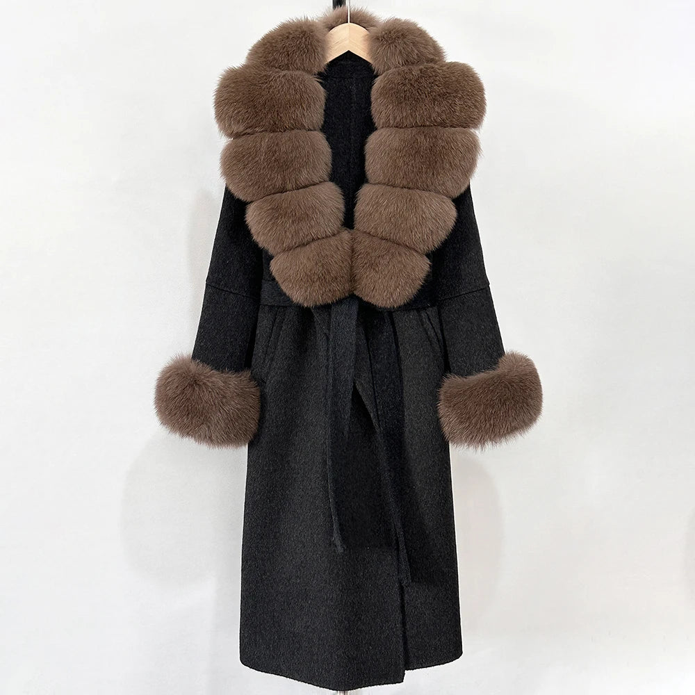 OFTBUY New Women's Double-Faced Wool Coat with Large Real Fox Fur Belted Warm Winter Luxury Fashion Outerwear Woolen Jacket Lady