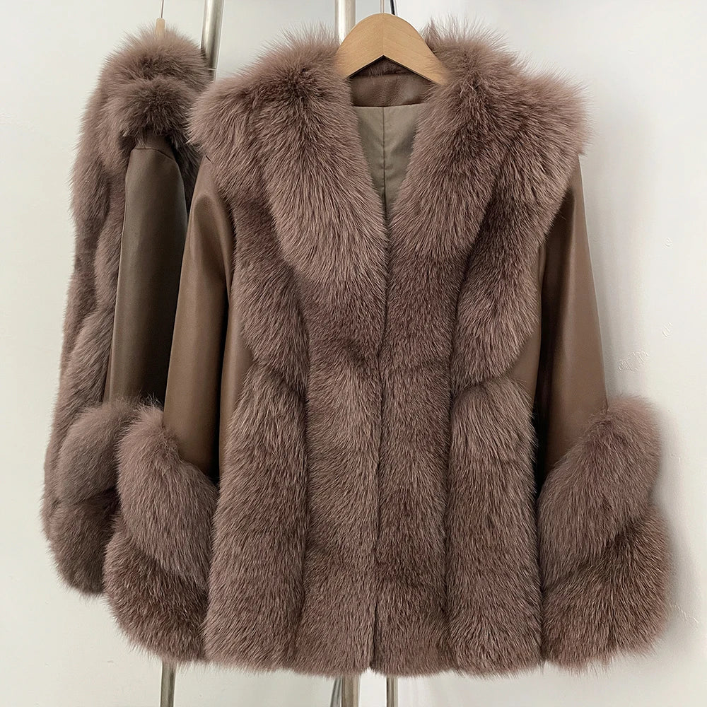 OFTBUY Women's Real Fox Fur Coat with Genuine Leather Sleeves Luxury Natural Fur Jacket Female New Warm Winter Clother Outerwear