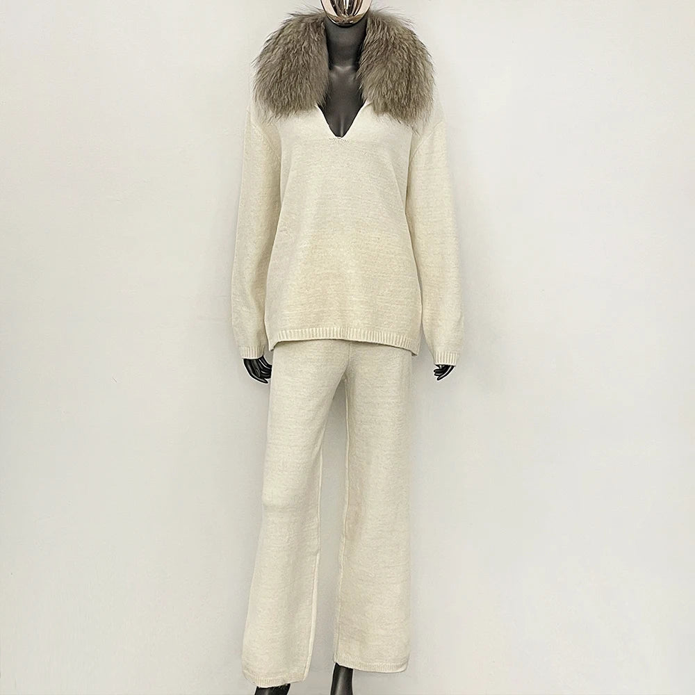 OFTBUY New Women's Knit Two Piece Set with Real Fox Fur Collar Loose Pants Warm Winter Elegant Casual Outfit Sweater Female