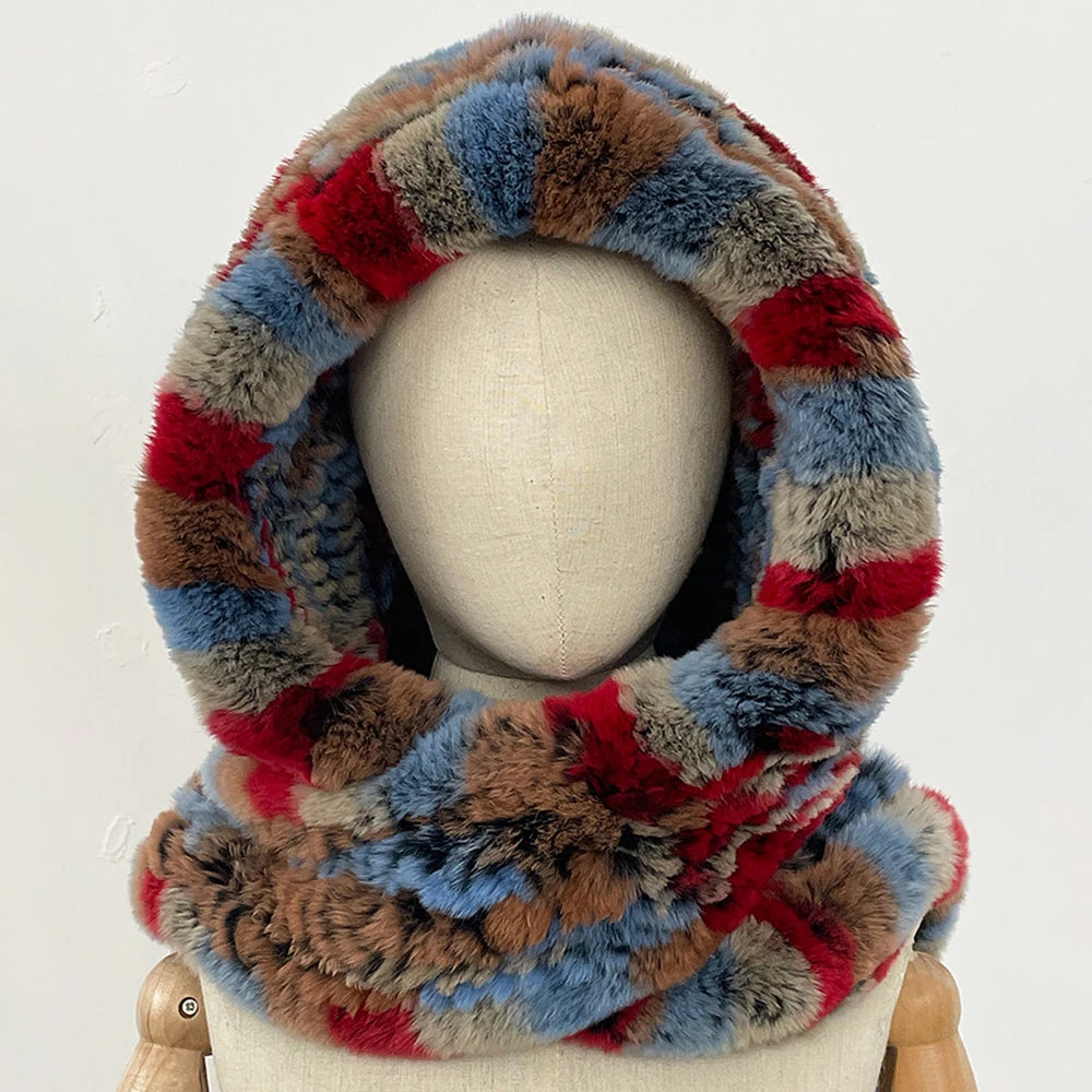 OFTBUY Thick Warm Windproof Natural Rabbit Fur Hat with Scarf Women New Winter Cute Cycling Cap Child Fluffy Rea Fur Neckerchief