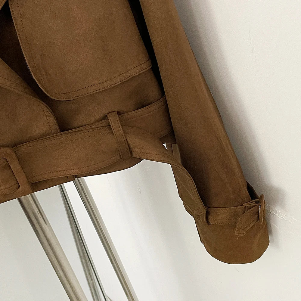 OFTBUY Lapel Collar Belted Waist Buckled Cuffs Casual Fashion Outerwear female New Women's Faux Suede Cropped Trench Jacket