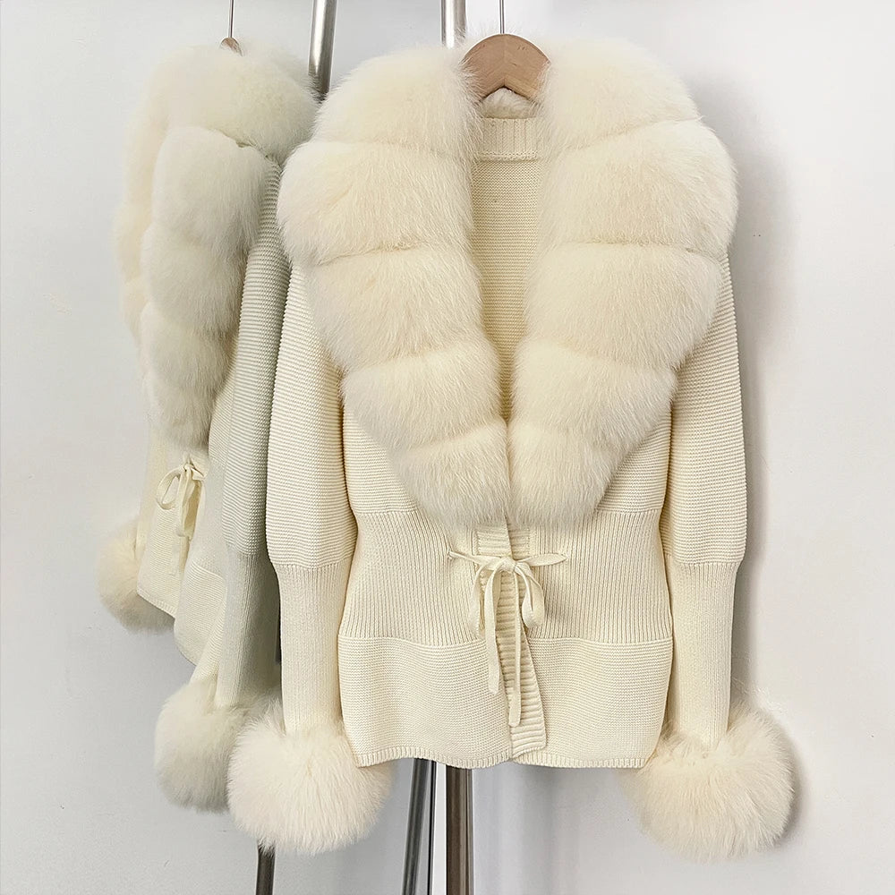 OFTBUY New Autumn Winter Knit Cardigan Women Fashion Warm Clothes with Real Fox Fur Luxury Natural Fur Sweater Jacket Female