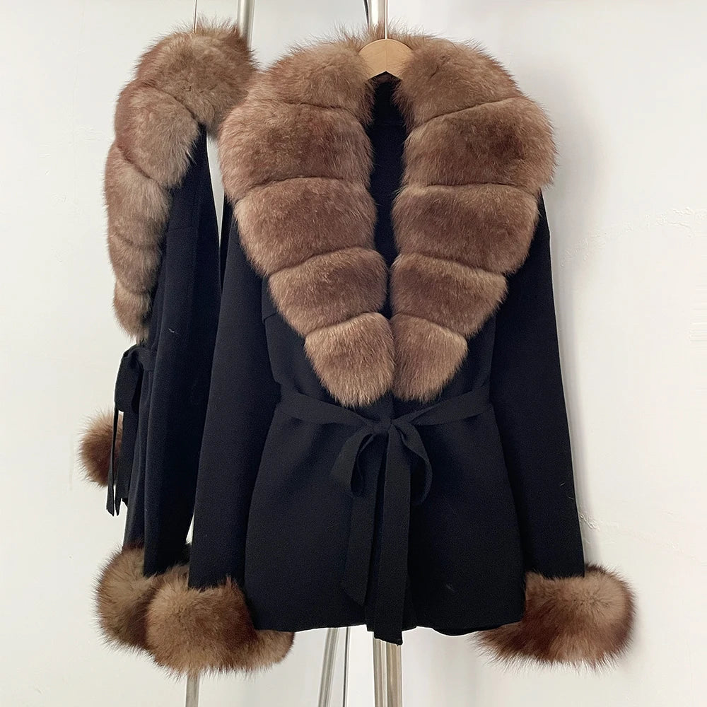 OFTBUY New Women's Knit Cardigan with Real Fox Fur Collar and Cuff Belt Luxury Coat Warm Autumn Fashion Outerwear Sweater Female