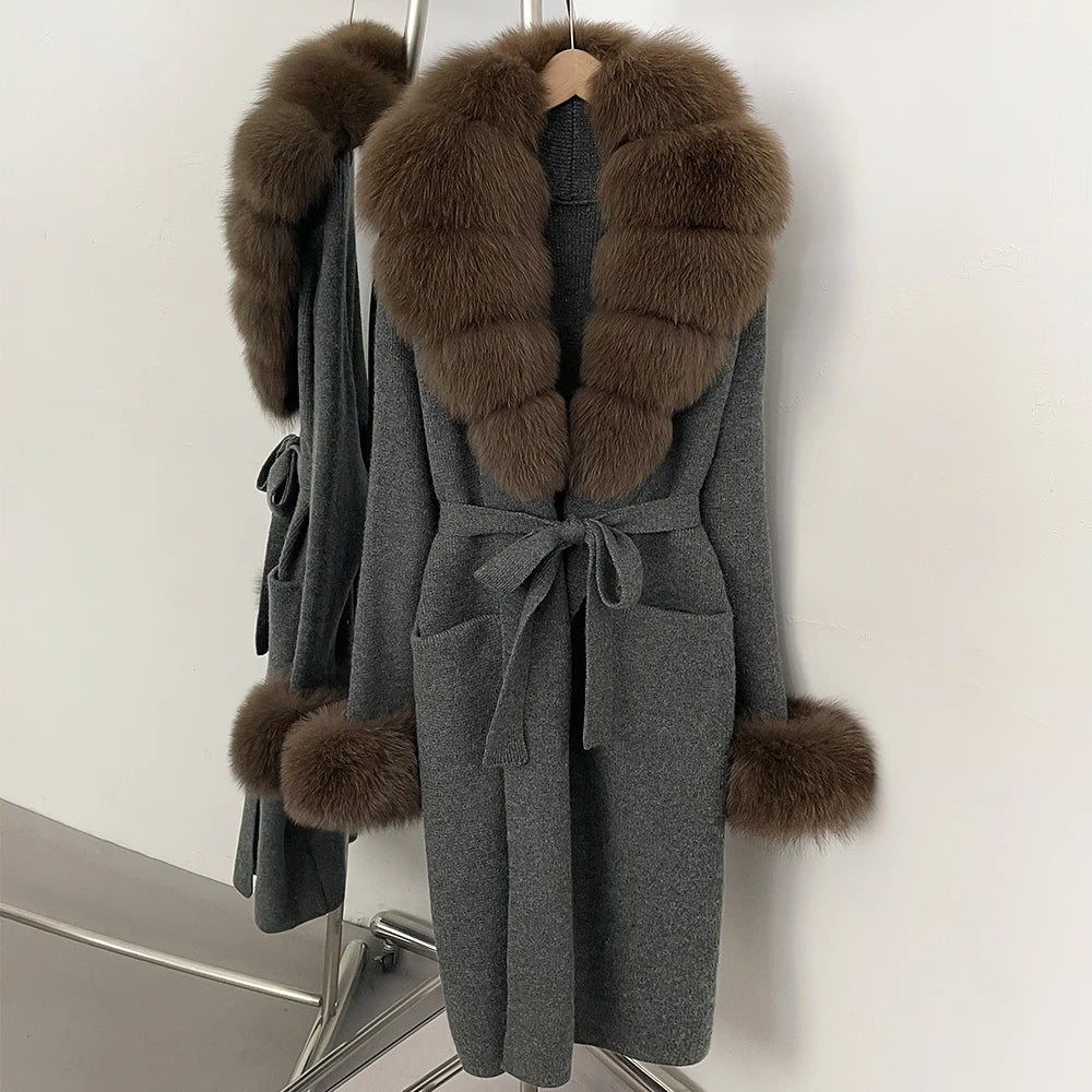 OFTBUY New Cardigan Autumn Winter Long Knit Clothing Women Loose Warm Belt Sweater Jacket with Real Fox Fur Collar and Cuffs