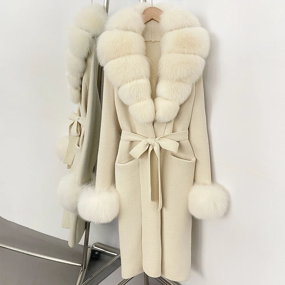 OFTBUY New Cardigan Autumn Winter Long Knit Clothing Women Loose Warm Belt Sweater Jacket with Real Fox Fur Collar and Cuffs