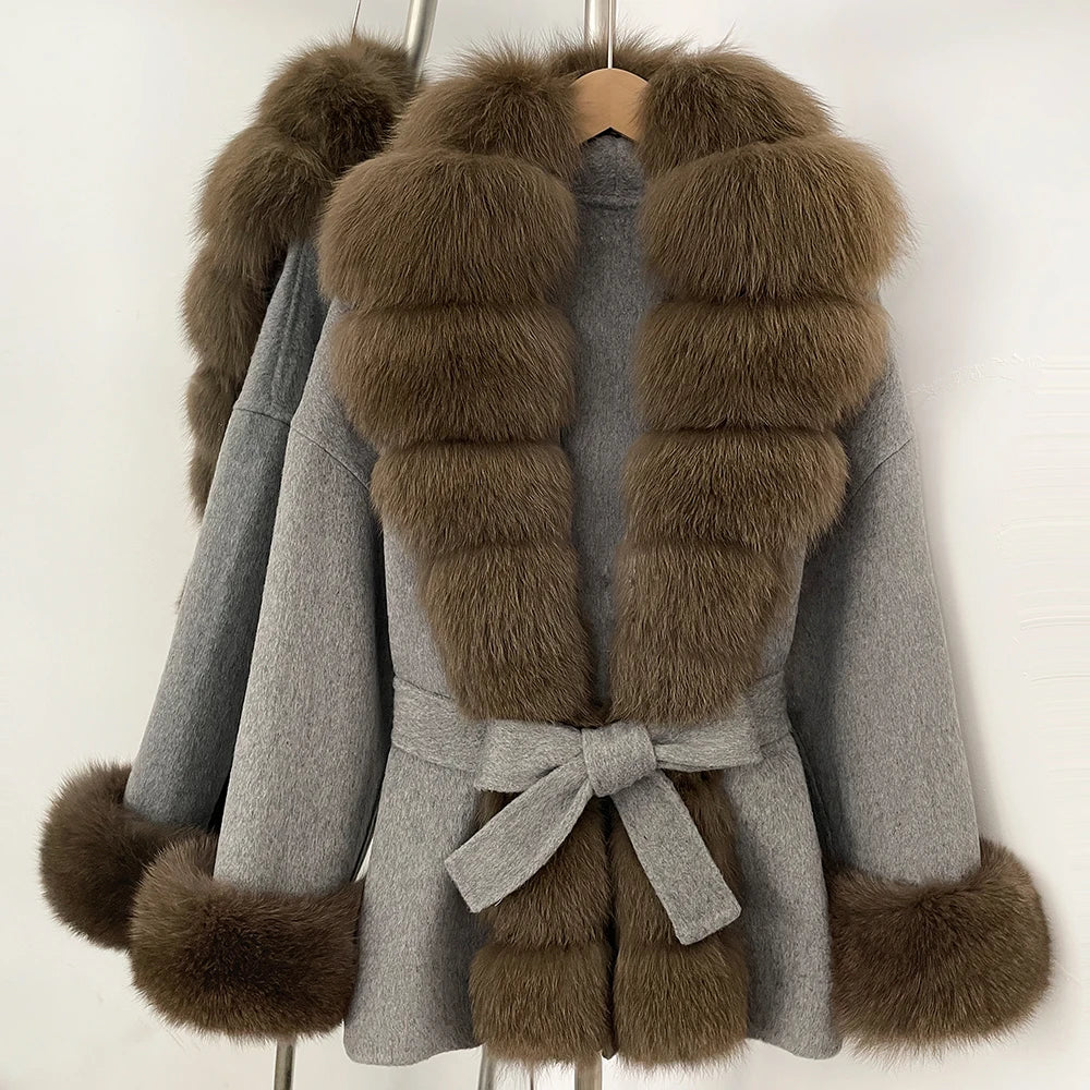 OFTBUY Big Natural Fox Fur Pinnacle 100% Wool Coat Female New Autumn Winter Clothes Women Belt Natural Fur Collar Woolen Jacket