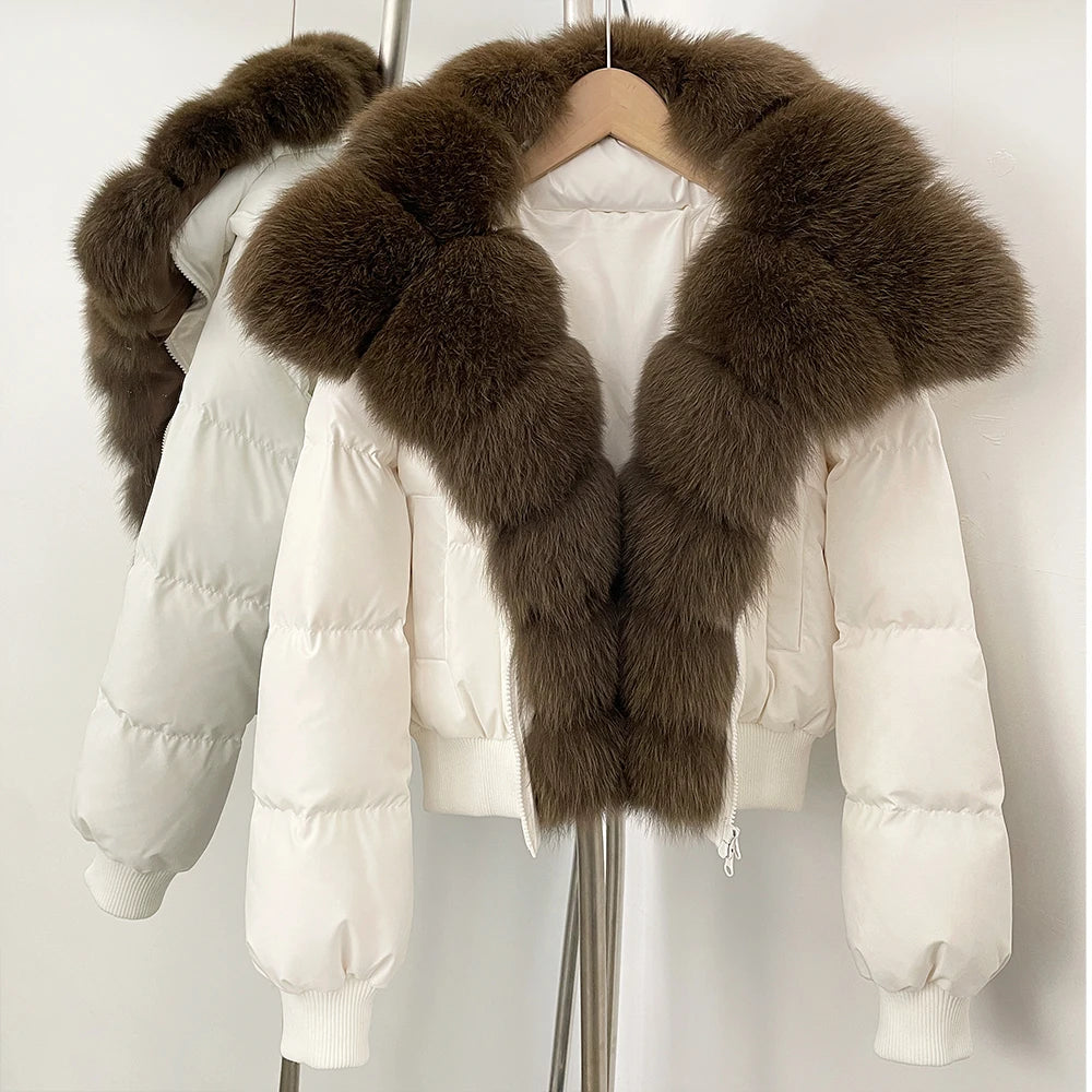 OFTBUY New Winter Real Fox Fur Hooded 90% White Duck Down Jacket Women Short Loose Puffer Coat Female Thicken Parkas