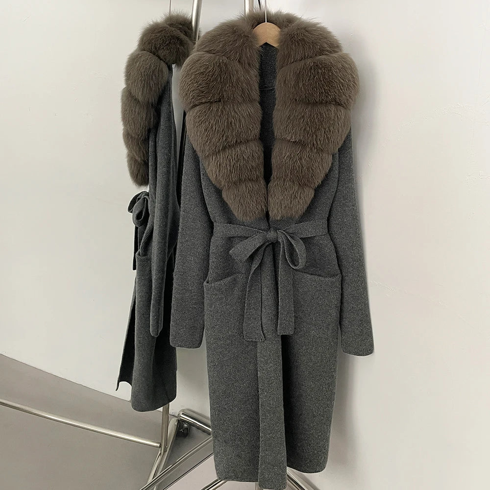OFTBUY Women's Luxury Brown Knit Cardigan with Real Fox Fur Collar Belted Sweater Coat Female New Fashion Warm Winter Outerwear