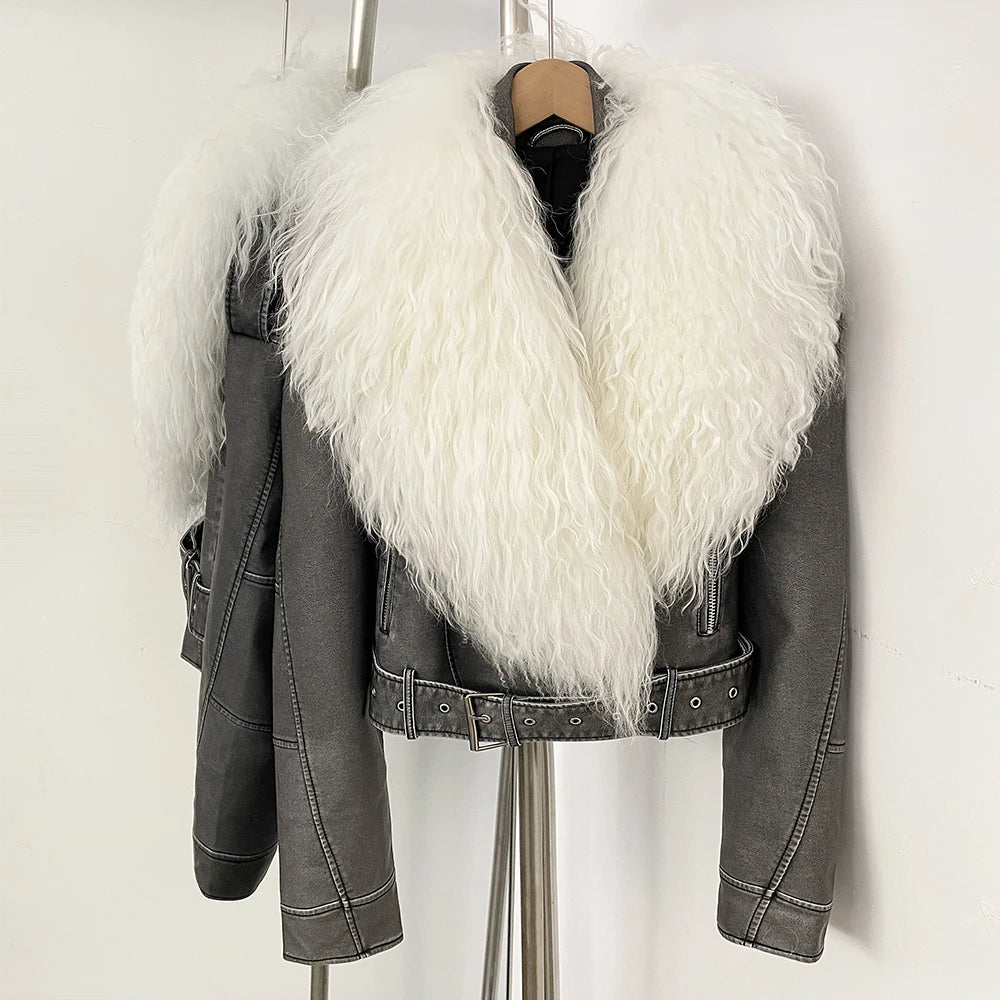 OFTBUY New Autumn Winter Clothes Women Fashion Warm Short Faux Leather Jacket Female Luxury Real Mongolia Sheep Fur Collar Coat