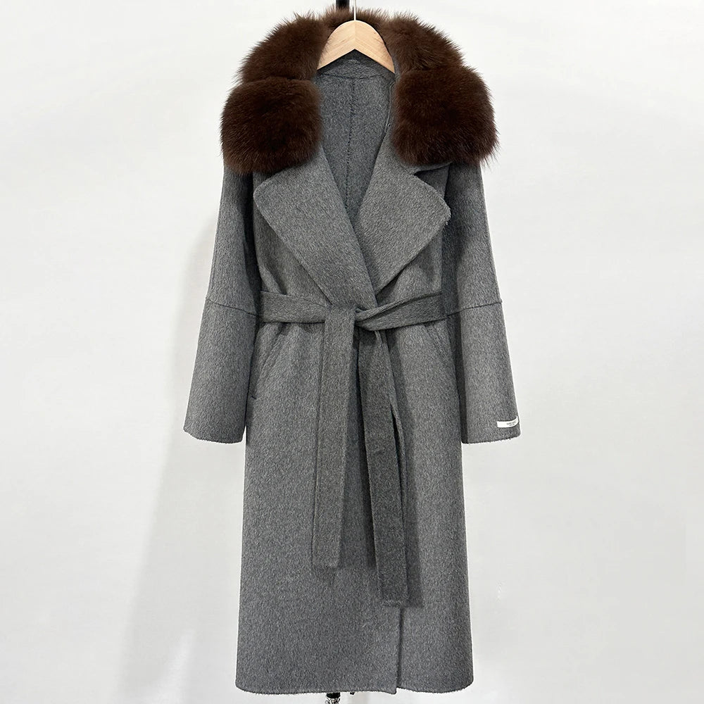 OFTBUY Belted Long Warm Winter Elegant Fashion Outerwear New Women's Double-Faced Wool Coat with Real Fox Fur Collar