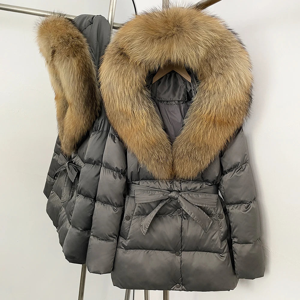 OFTBUY New Women's Duck Down Jacket with Large Real Fox Fur Hood Belted Waist Warm Winter Puffer Coat Lady Luxury Outerwear