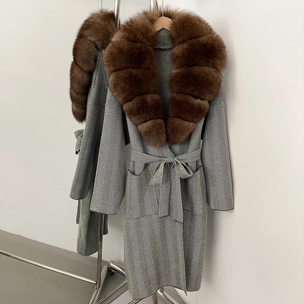 OFTBUY New Women's Knit Coat with Large Real Fox Fur Collar Belted Cardigan Female Winter Elegant Outerwear Warm Long Coat Lady