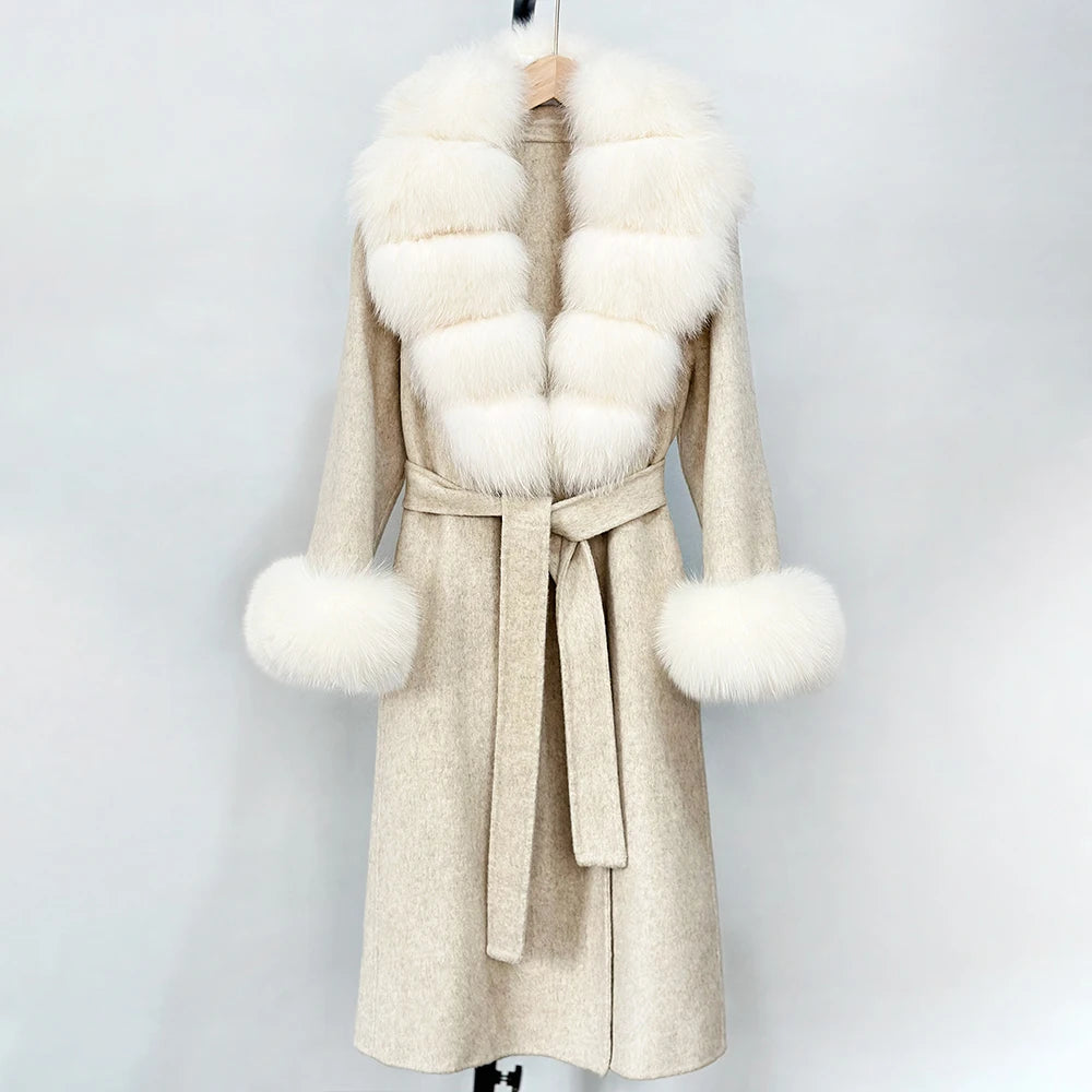 OFTBUY Fashion Warm Woolen Jacket with Real Fox Fur Collar and Cuffs New Autumn Winter Wool Clothing Women Long Belt Outerwear