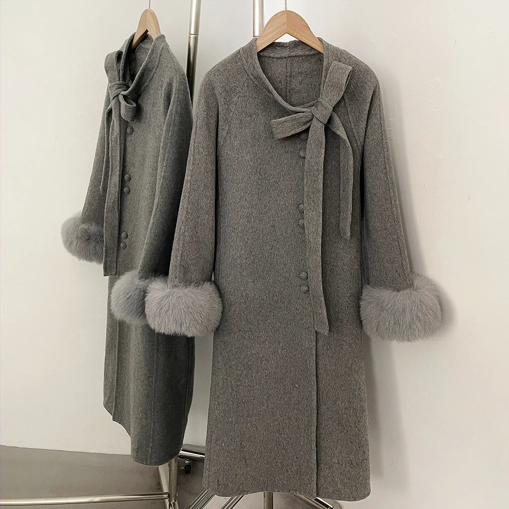 OFTBUY New Women's Double-Faced Wool Coat with Real Fox Fur Design Belted Bow Warm Winter Elegant Fashion Outerwear Woolen Coat