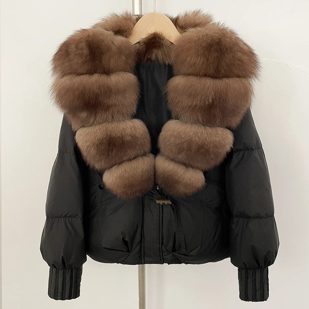 OFTBUY Luxury 90% Duck Down Puffer Jacket with Oversized Real Fox Fur Collar - Short Tiered Winter Coat