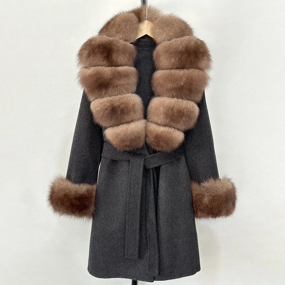 OFTBUY New Autumn Winter Top Clothes Women Belt Natural Fur Wool Coat Female Fashion Warm Woolen Jacket with Real Fox Fur Collar