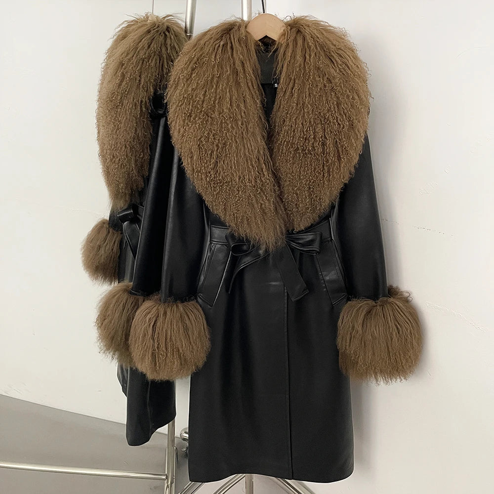 OFTBUY New Autumn Winter Clothes Women Luxury Real Mongolia Sheep Fur Jacket Femlae Long Vintage Faux Leather Streetwear Coat