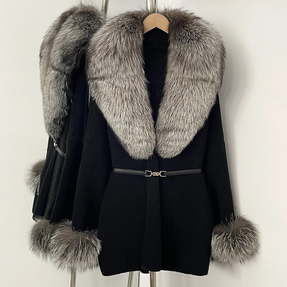 OFTBUY Belt Knit Warm Winter Luxury Casual Fashion Outerwear Sweater Female New Women's Knit Coat with Large Real Fox Fur Collar