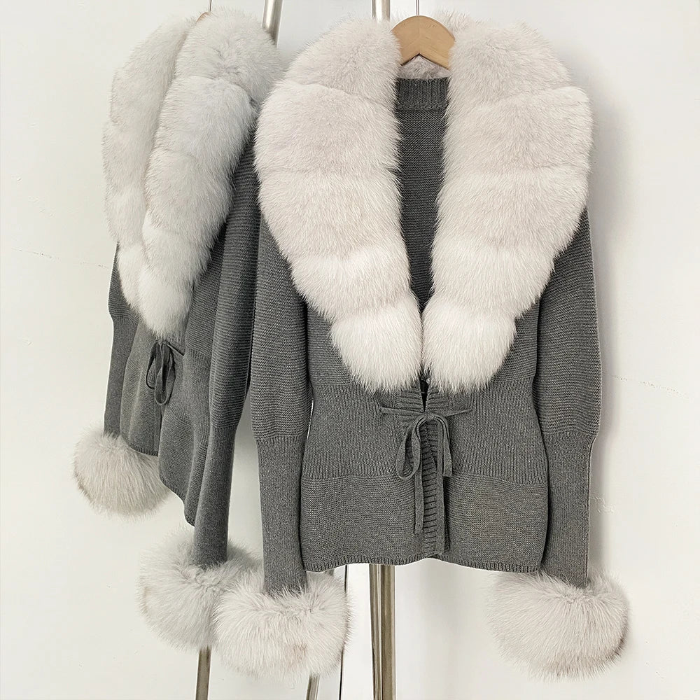 OFTBUY New Autumn Winter Knit Cardigan Women Fashion Warm Clothes with Real Fox Fur Luxury Natural Fur Sweater Jacket Female