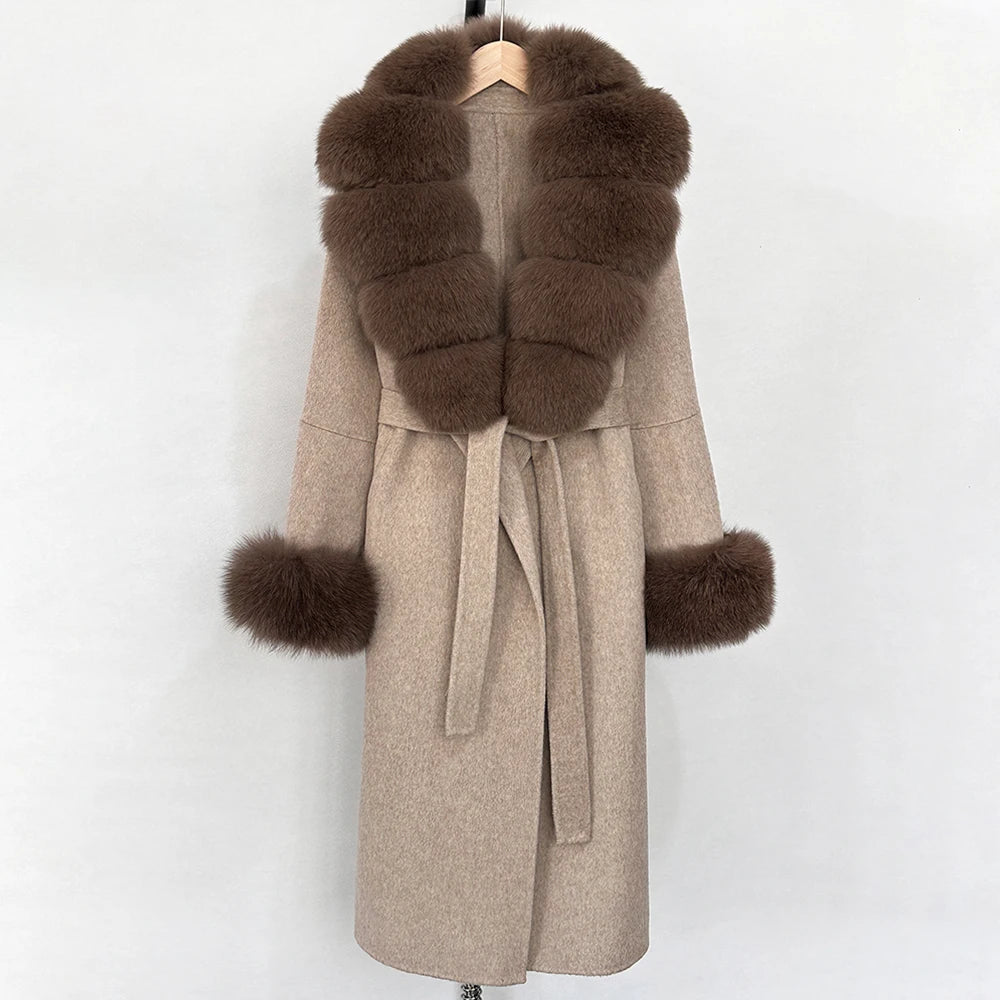 OFTBUY New Women's Double-Faced Wool Coat with Large Real Fox Fur Belted Warm Winter Luxury Fashion Outerwear Woolen Jacket Lady
