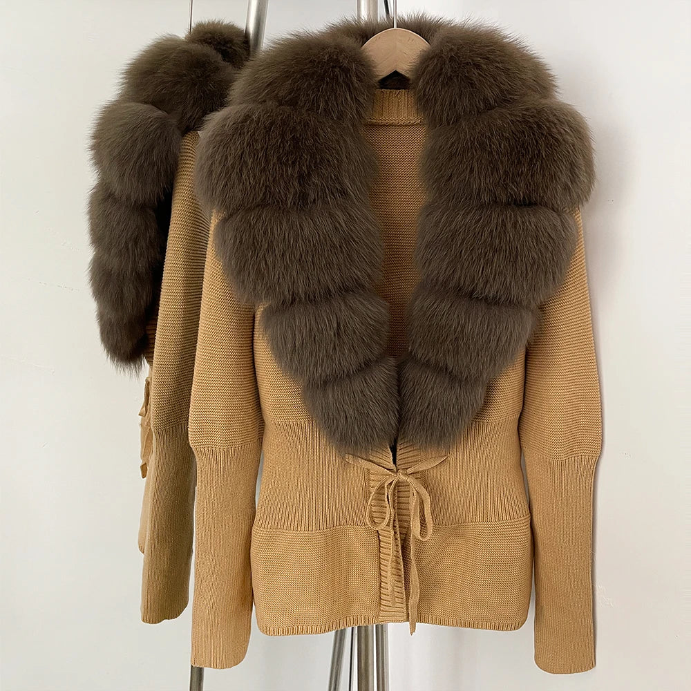OFTBUY Luxury 100% Cotton Jacket with Real Fox Fur Collar New Autumn Winter Knit Cardigan Women Slim Warm Sweater Outerwear Lady