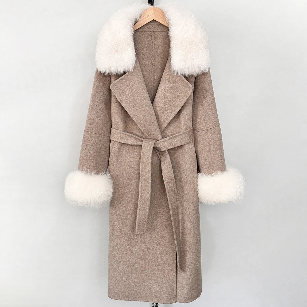 OFTBUY Fashion Warm Wool Coat with Real Fox Fur Collar New Autumn Winter Long Clothing Women Belt Elegant Woolen Jcacket Female