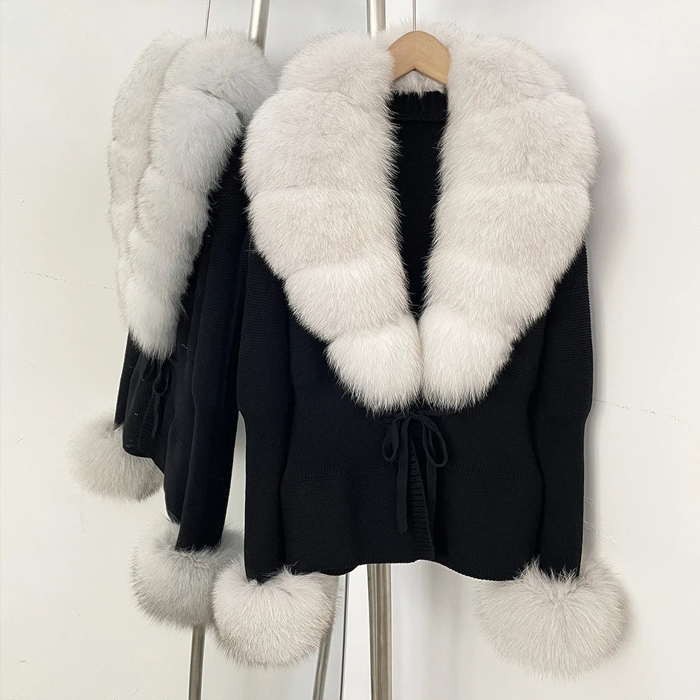 OFTBUY New Autumn Winter Knit Cardigan Women Fashion Warm Clothes with Real Fox Fur Luxury Natural Fur Sweater Jacket Female