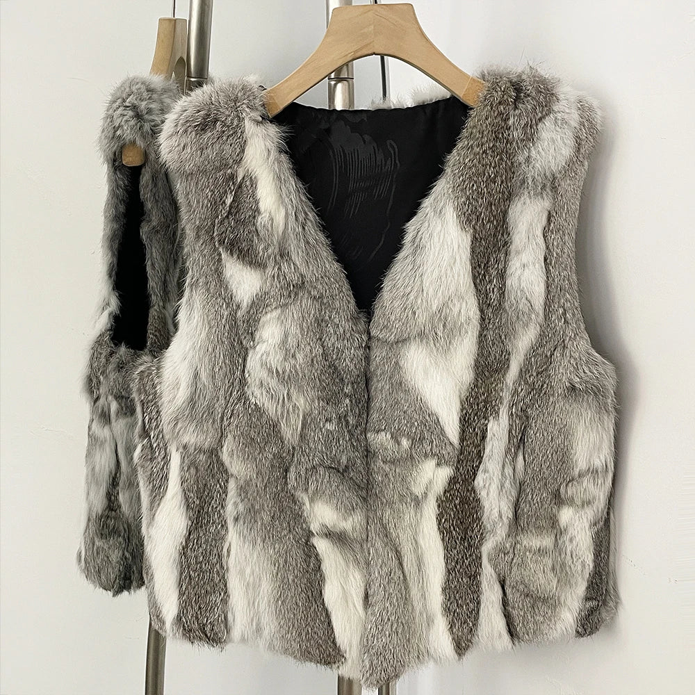 OFTBUY New Autumn Winter Clothes Outerwear Women Natural Patchwork Real Rex Rabbit Fur Vest V-Neck Natural Fur Waistcoat Female