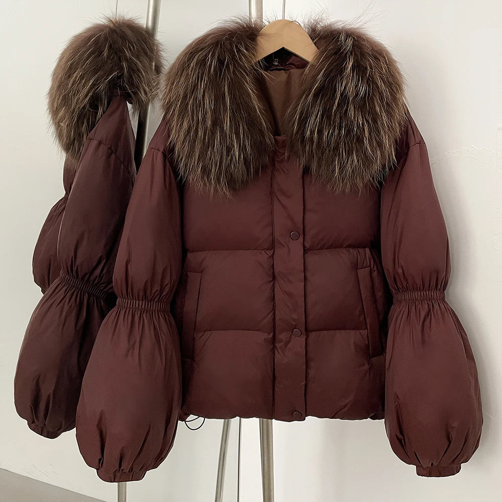 OFTBUY New Winter Loose Top Clothes Women Real Fox Fur Fluffy Puffer Jacket Female Lantern Sleeves Natural Fur Collar Down Coat
