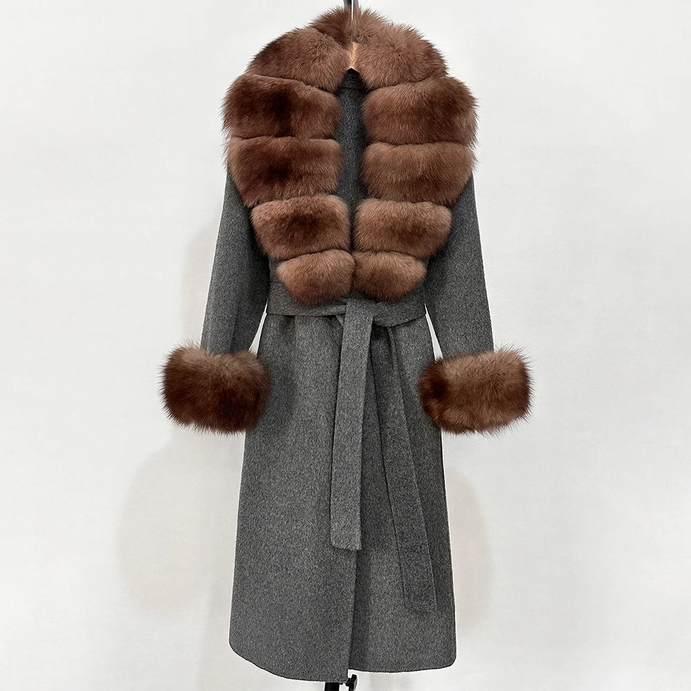 OFTBUY Fashion Warm Woolen Jacket with Real Fox Fur Collar and Cuffs New Autumn Winter Wool Clothing Women Long Belt Outerwear