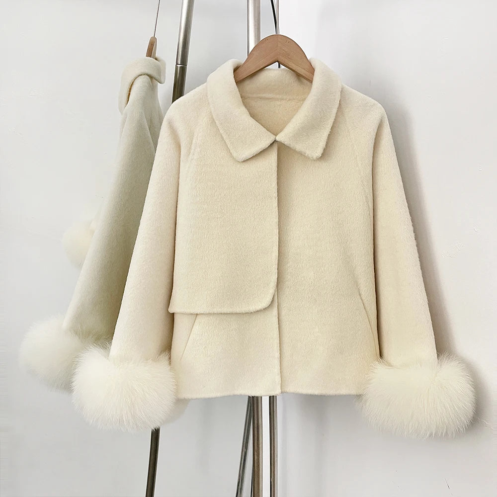 OFTBUY New Women's Double-Faced Wool Coat with Real Fox Fur Cuffs Lapel Collar Coat Design Warm Winter Elegant Fashion Outerwear