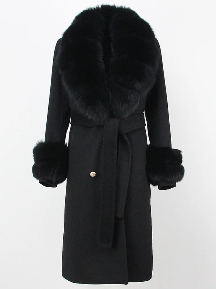 OFTBUY Winter Jacket Women Long Natural Wool Blends Cashmere Real Fur Coat Double Breasted Belt Warm Streetwear New Fashion