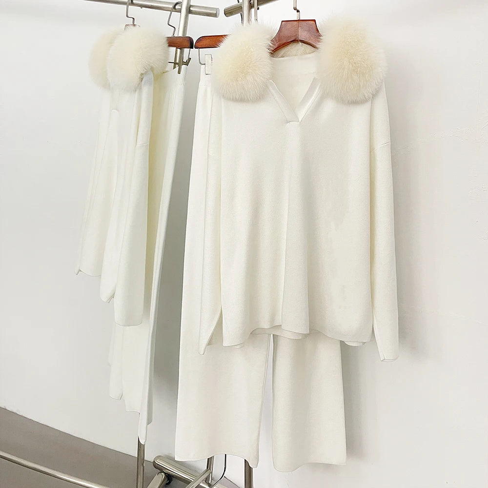 OFTBUY Knitted Pant Set Female Fashion Warm Real Fox Fur Sweater Lady New Autumn Winter Plus Size Woman Clothes Outfits Knitwear