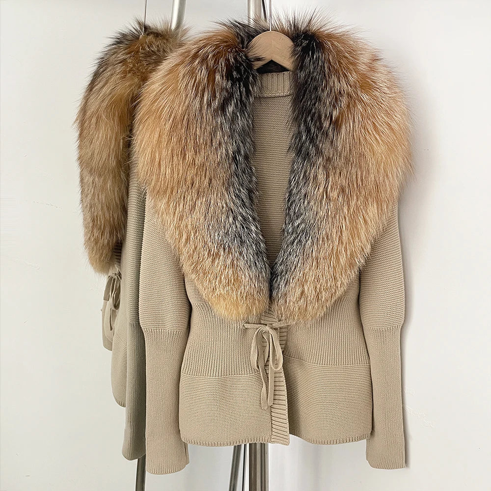 OFTBUY Luxury 100% Cotton Jacket with Real Fox Fur Collar New Autumn Winter Knit Cardigan Women Slim Warm Sweater Outerwear Lady