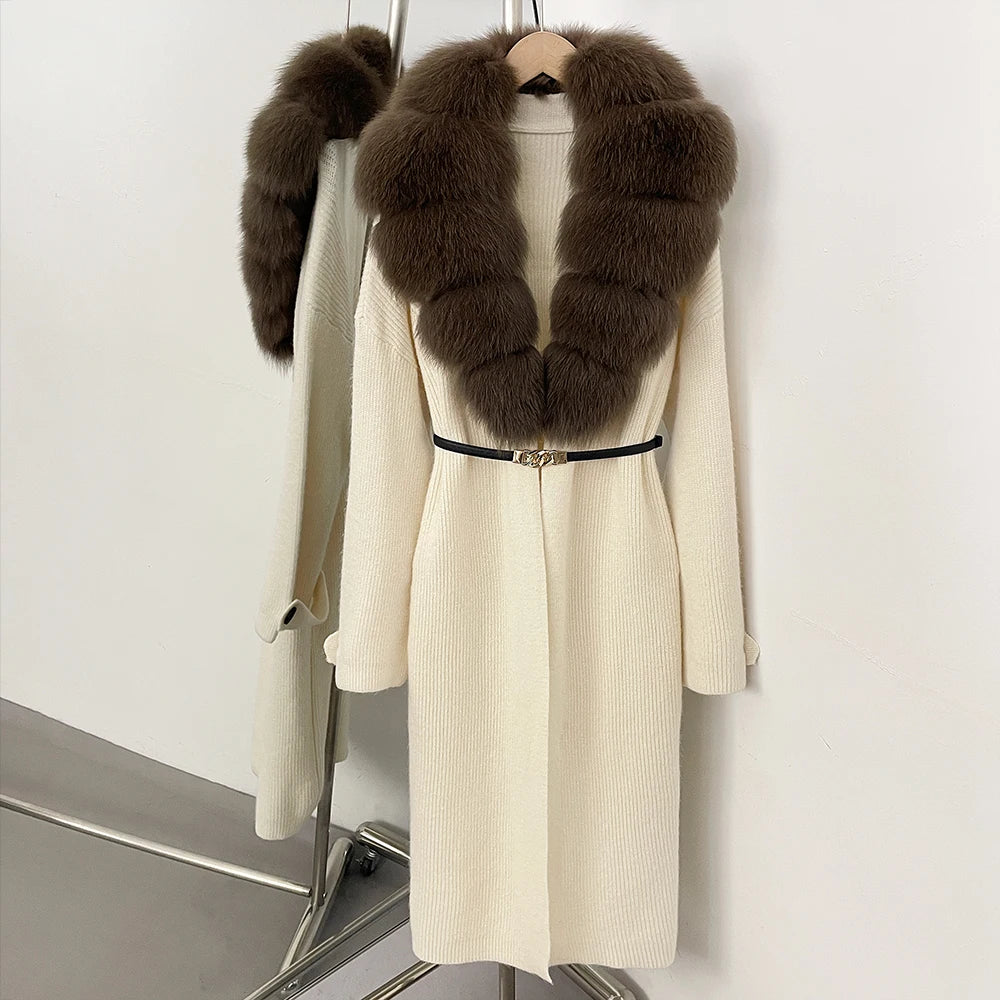 OFTBUY Warm Winter Elegant Fashion knit Outerwear female New Women's Knit Long Coat with Large Real Fox Fur Collar Belted Waist